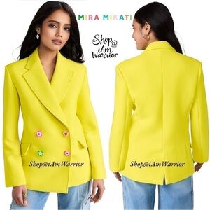 Mira Mikati neon yellow double breasted scuba blazer w/ ceramic floral buttons